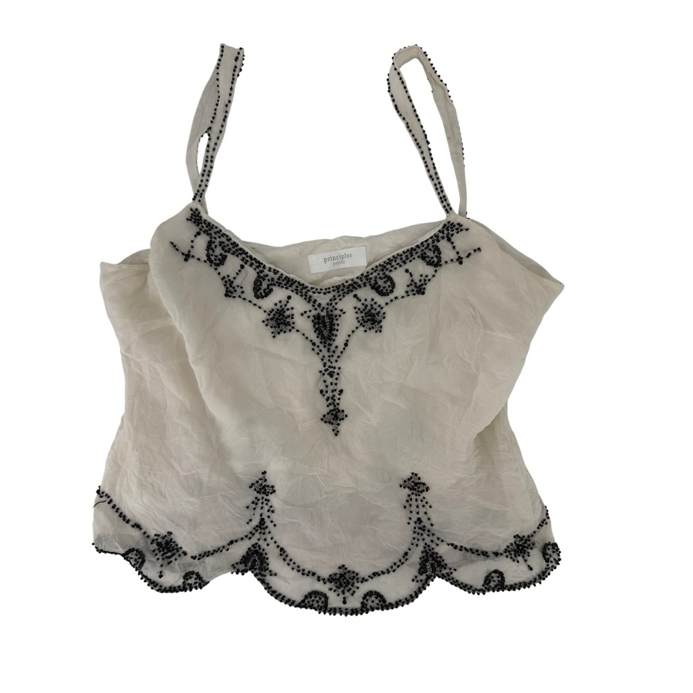 Principles Y2K Petite White Crinkle Beaded Camisole Top Black Bead Scalloped Hem
